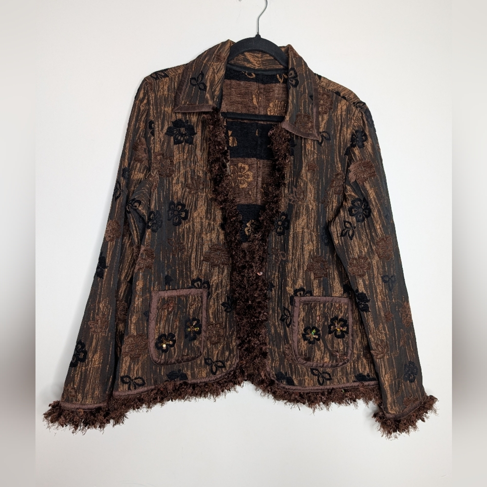 Women's Vintage Boho Brown Fringed Blazer Floral Stripe Espresso Brown Black M - Picture 5 of 10